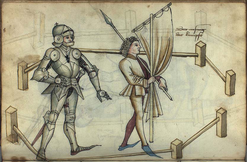 illustration of a knight and a squire in the arena